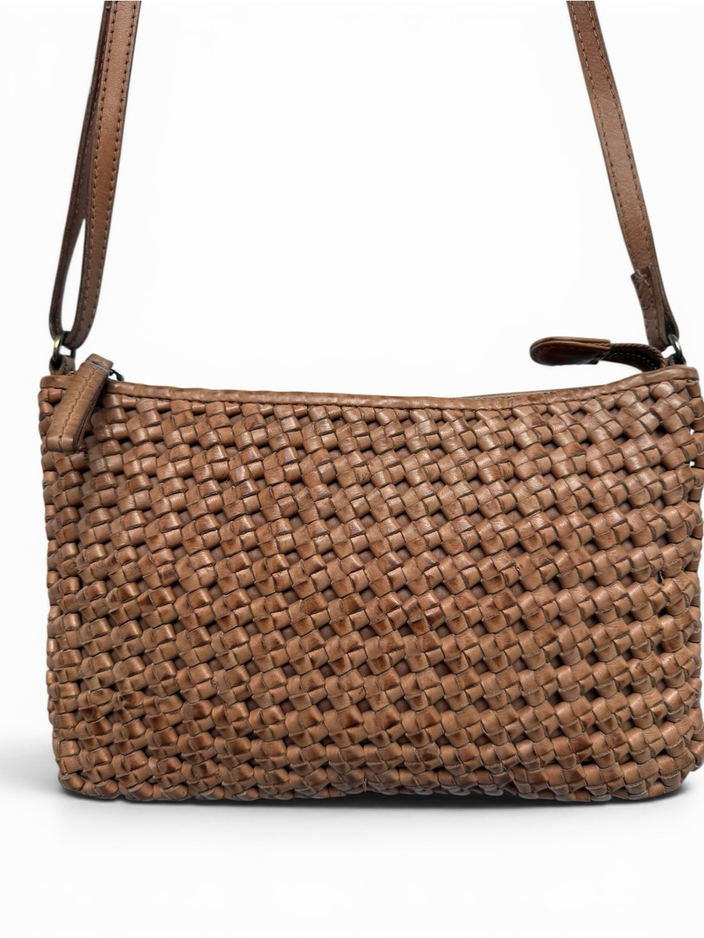 Woven Leather Crossbody Bag Tan Cognac Boho Minimalist Organizer - Picture 2 of 10